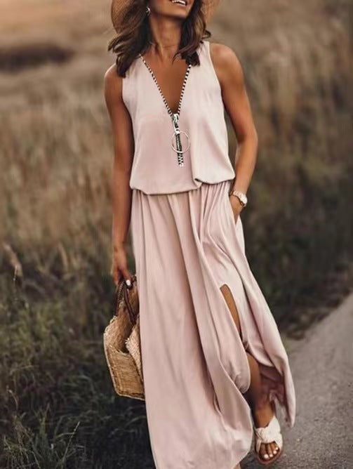 Avyelle | Dames Vloeiende Maxi-jurk – Mouwloze Casual Zomerjurk met Halve Rits