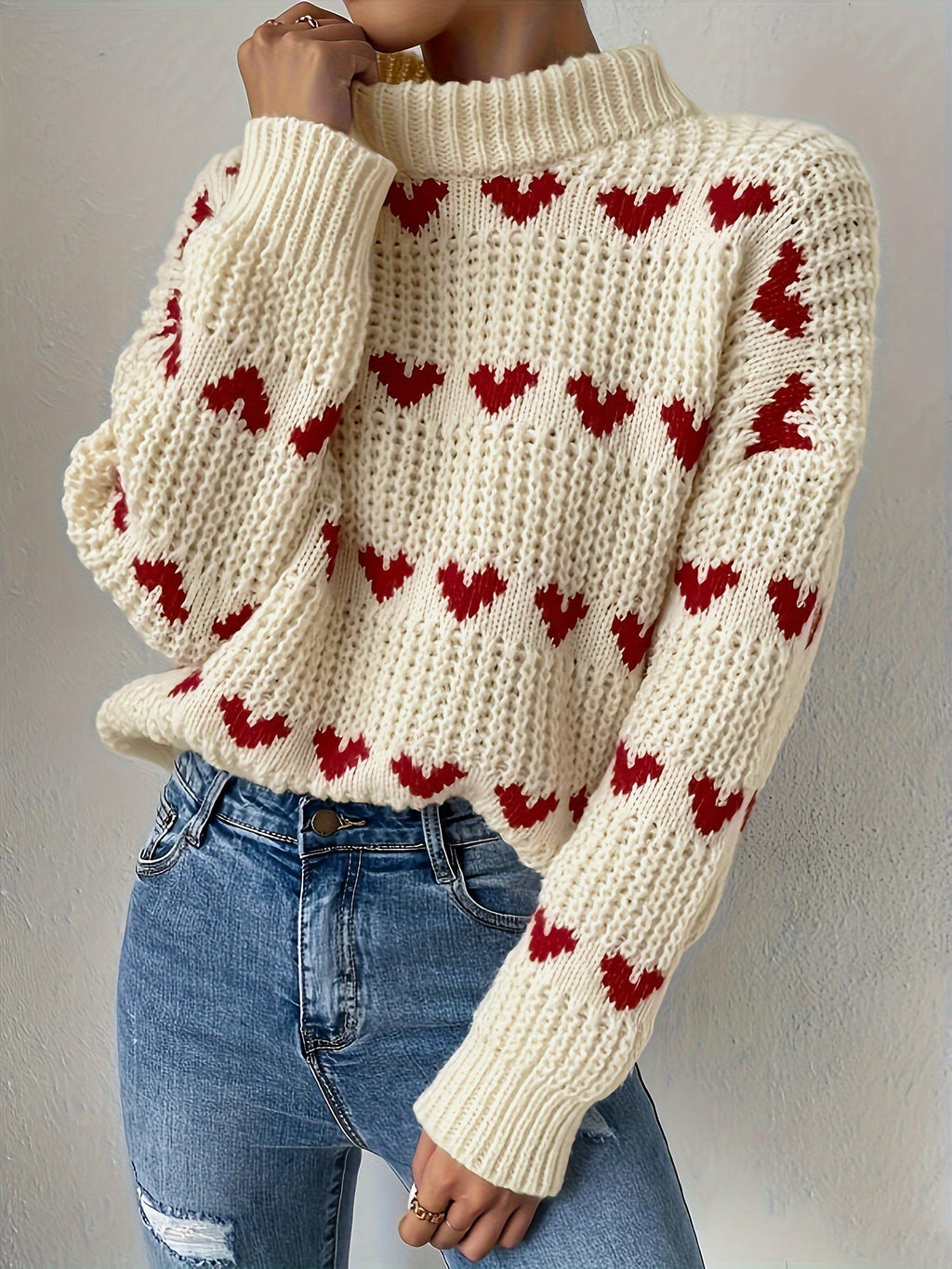 Irindra | Pull en maille à motif cœur - Col montant, manches longues, idéal pour une tenue décontractée automne-hiver 