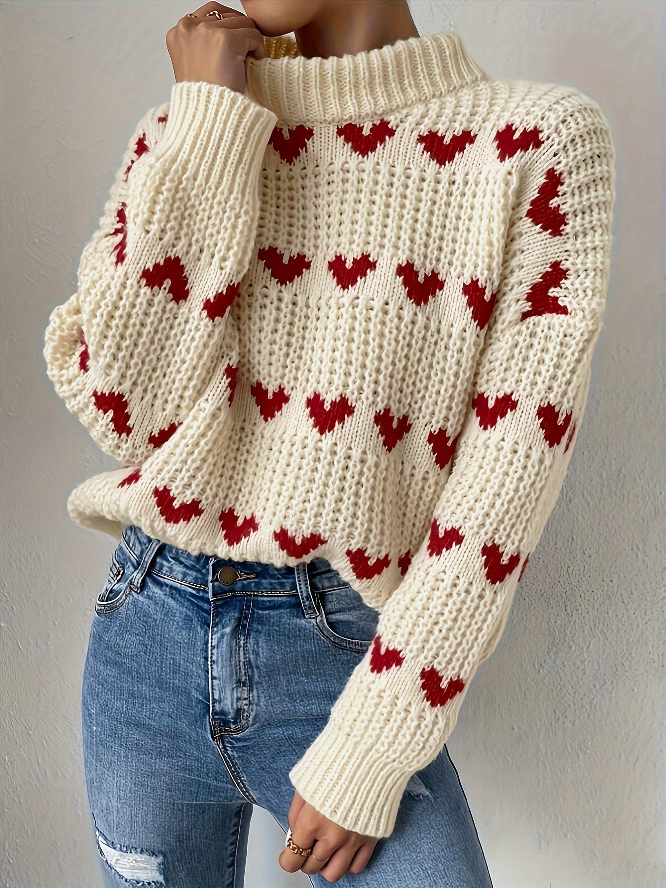 Irindra | Pull en maille à motif cœur - Col montant, manches longues, idéal pour une tenue décontractée automne-hiver 