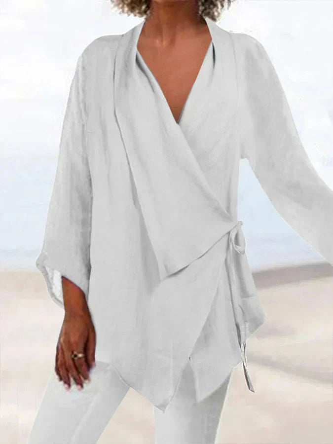 Eona | Dames blouse van katoen en linnen met veterdetail – casual ademende zomershirt