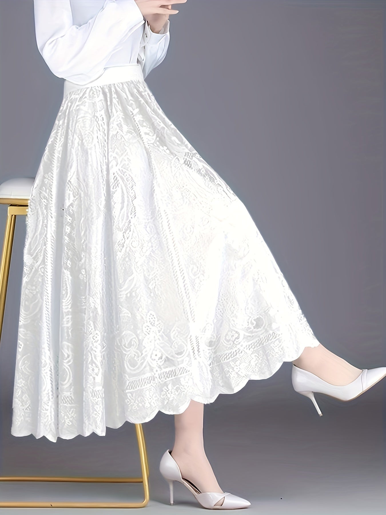 Gisla | Elegante A-lijn rok met kant - holle schulprand, casual midi-rok voor vrouwen