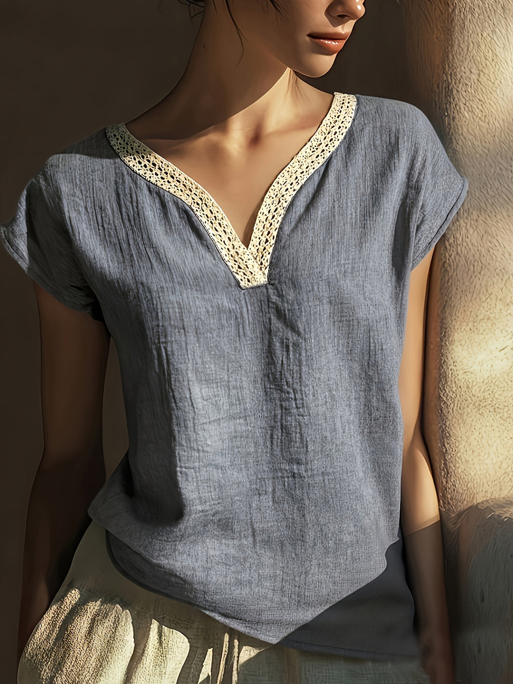 Meva | Casual boho-zomertop voor dames – losvallend overhemd van linnen met kant en V-hals