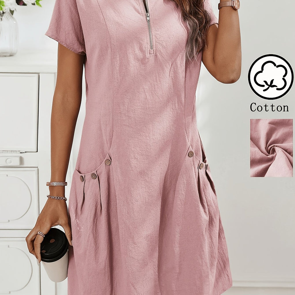 Zirelia | Zomerse casual overhemdjurk voor dames – halve rits, knoopdetails en dubbele zakken