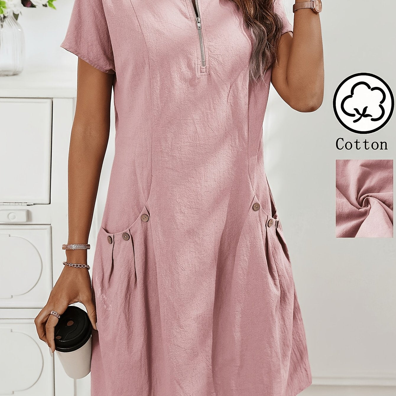 Zirelia | Zomerse casual overhemdjurk voor dames – halve rits, knoopdetails en dubbele zakken