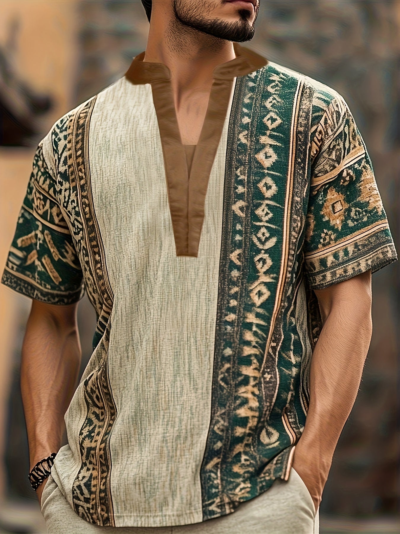 Zane | Henley-shirt voor heren met tribale print – casual met korte mouwen