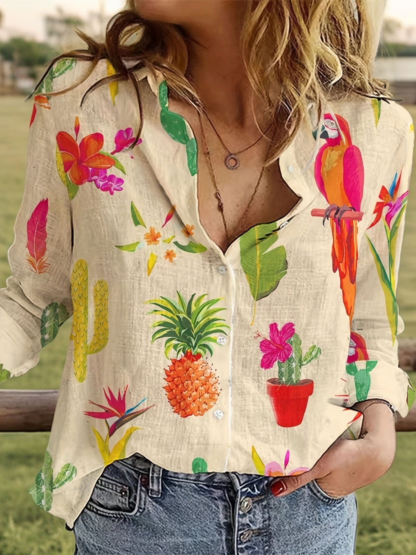 Noravelle | Dames tropische print blouse – knoopsluiting, enkelrijs casual overhemdblouse