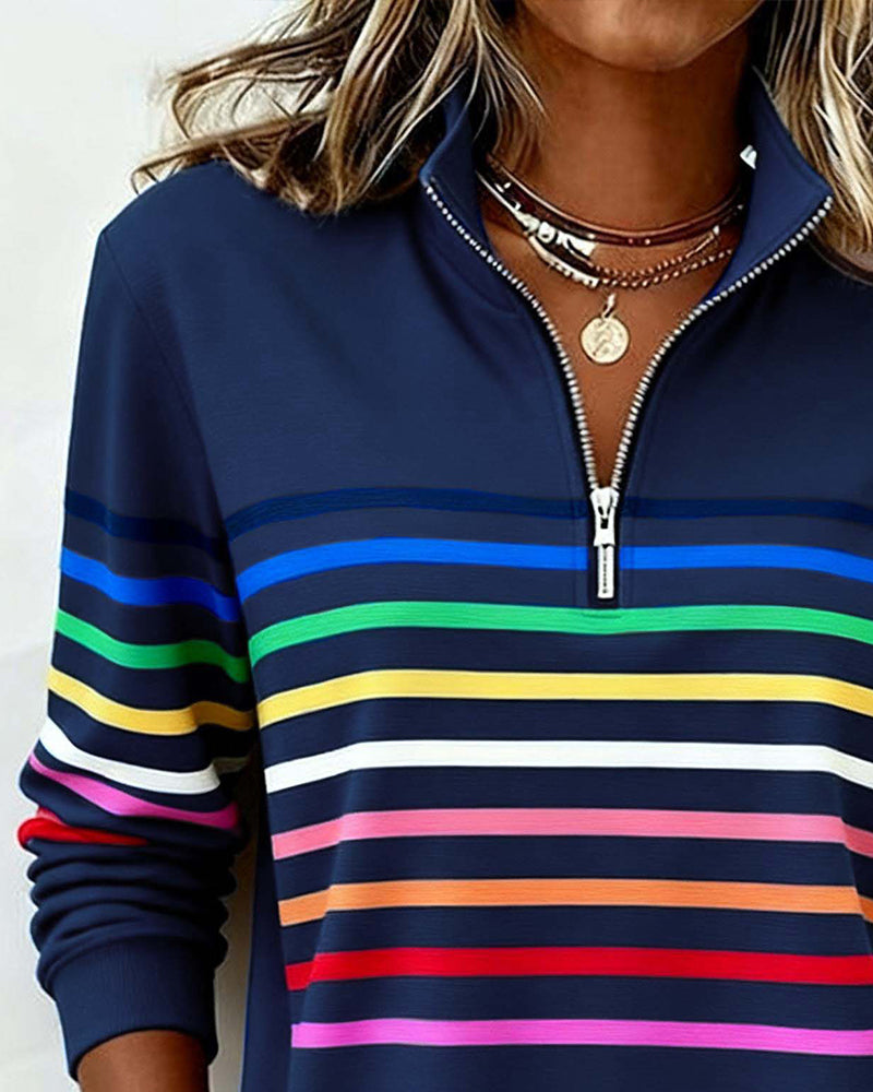 Vayen | Regenboogstreep sweatshirt met halve rits voor dames – Casual pullover, trendy kleurrijke top