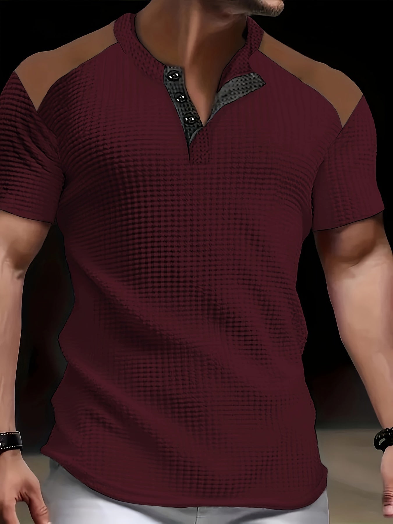 River | Chemise homme en maille gaufrée - Chemise décontractée à manches courtes bicolore