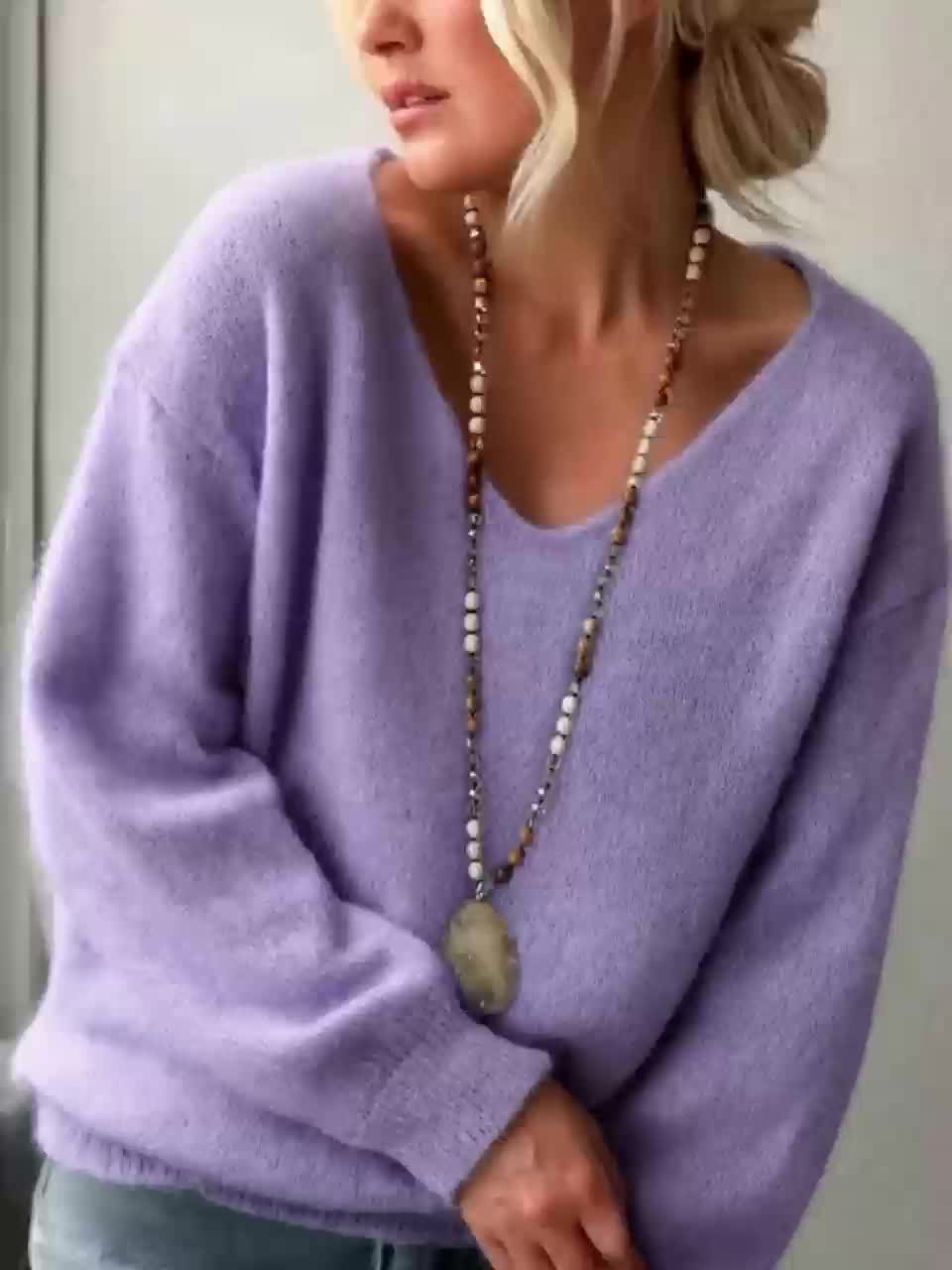 Rhian | Elegante V-hals trui voor dames, lange mouwen, effen kleur, zacht gebreid