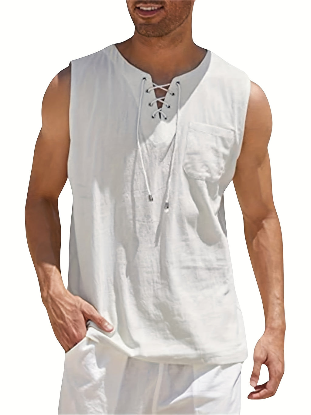 Morten | Ärmelloses Herren-Tanktop aus Baumwoll-Leinen-Mischgewebe mit V-Ausschnitt – Leichtes Sommer-T-Shirt