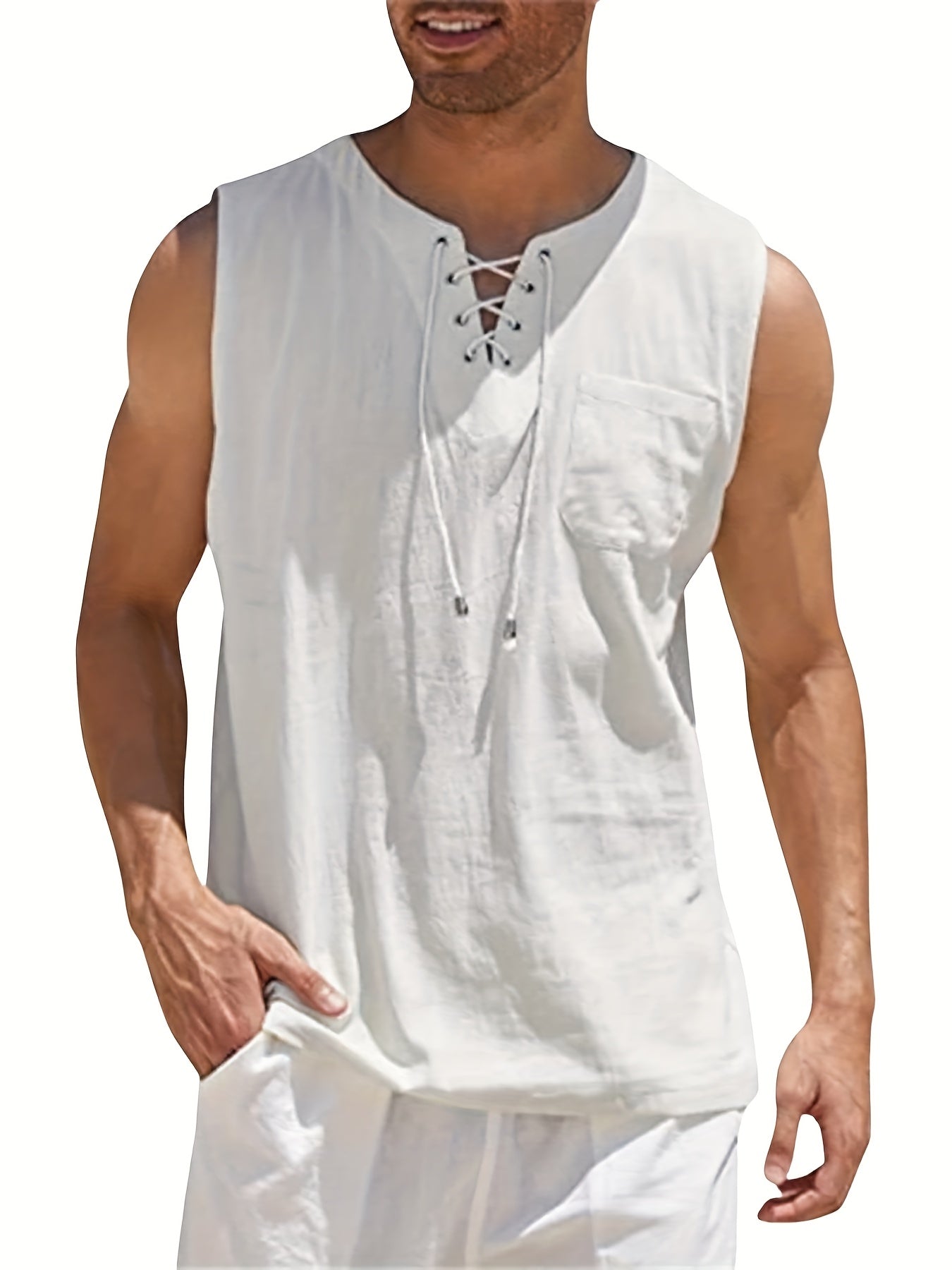 Morten | Ärmelloses Herren-Tanktop aus Baumwoll-Leinen-Mischgewebe mit V-Ausschnitt – Leichtes Sommer-T-Shirt
