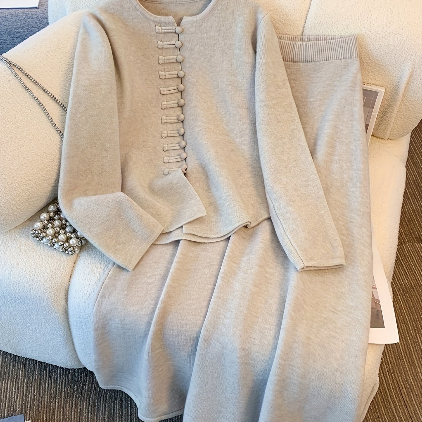 Sylindra | Dames herfst-winter tweedelige set – losse vest-trui en halflange rok met elastische tailleband