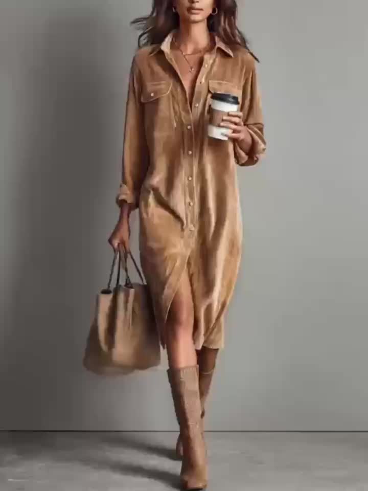 Vinaya | Elegante corduroy shirtjurk voor dames met zakken, casual werkkledingstijl