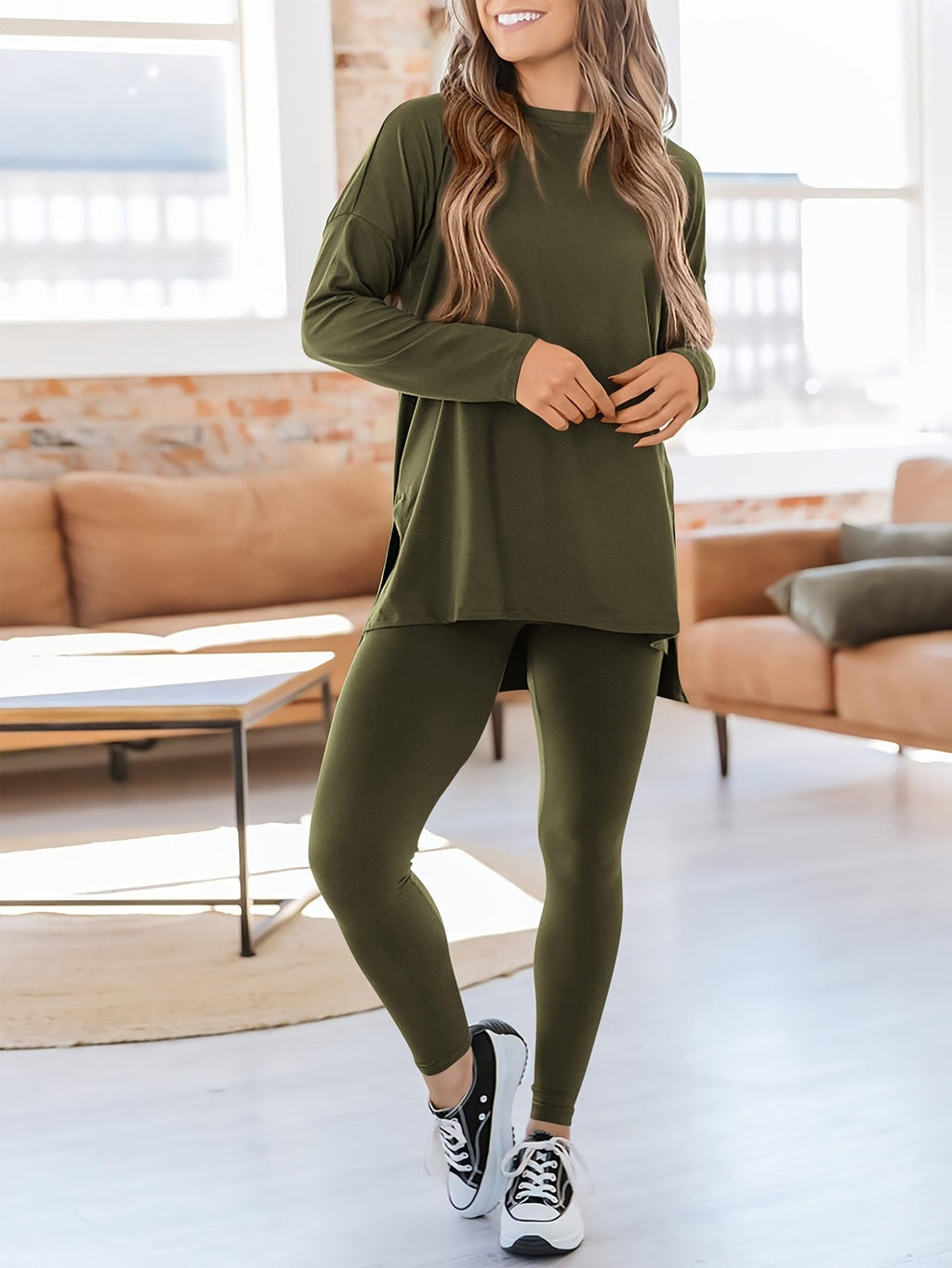 Elinor | 2-delige loungewearset voor dames – top met lange mouwen en legging, casual nachtkleding