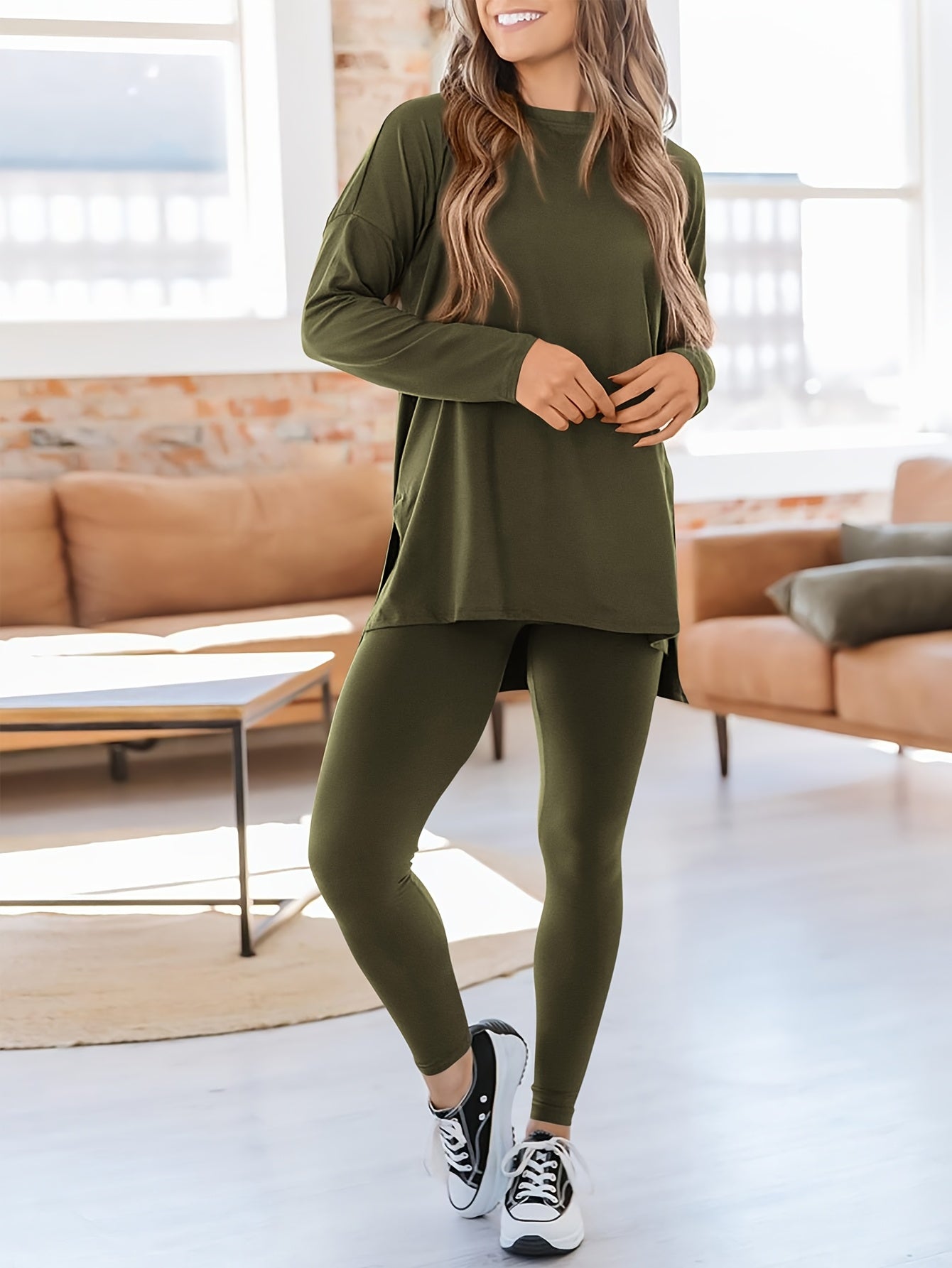 Elinor | 2-delige loungewearset voor dames – top met lange mouwen en legging, casual nachtkleding