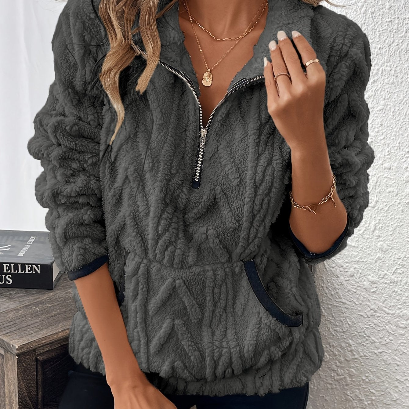 Evodia | Damen-Sweatshirt aus flauschigem Stoff, Pullover mit halbem Reißverschluss, lässiges und bequemes Langarmshirt