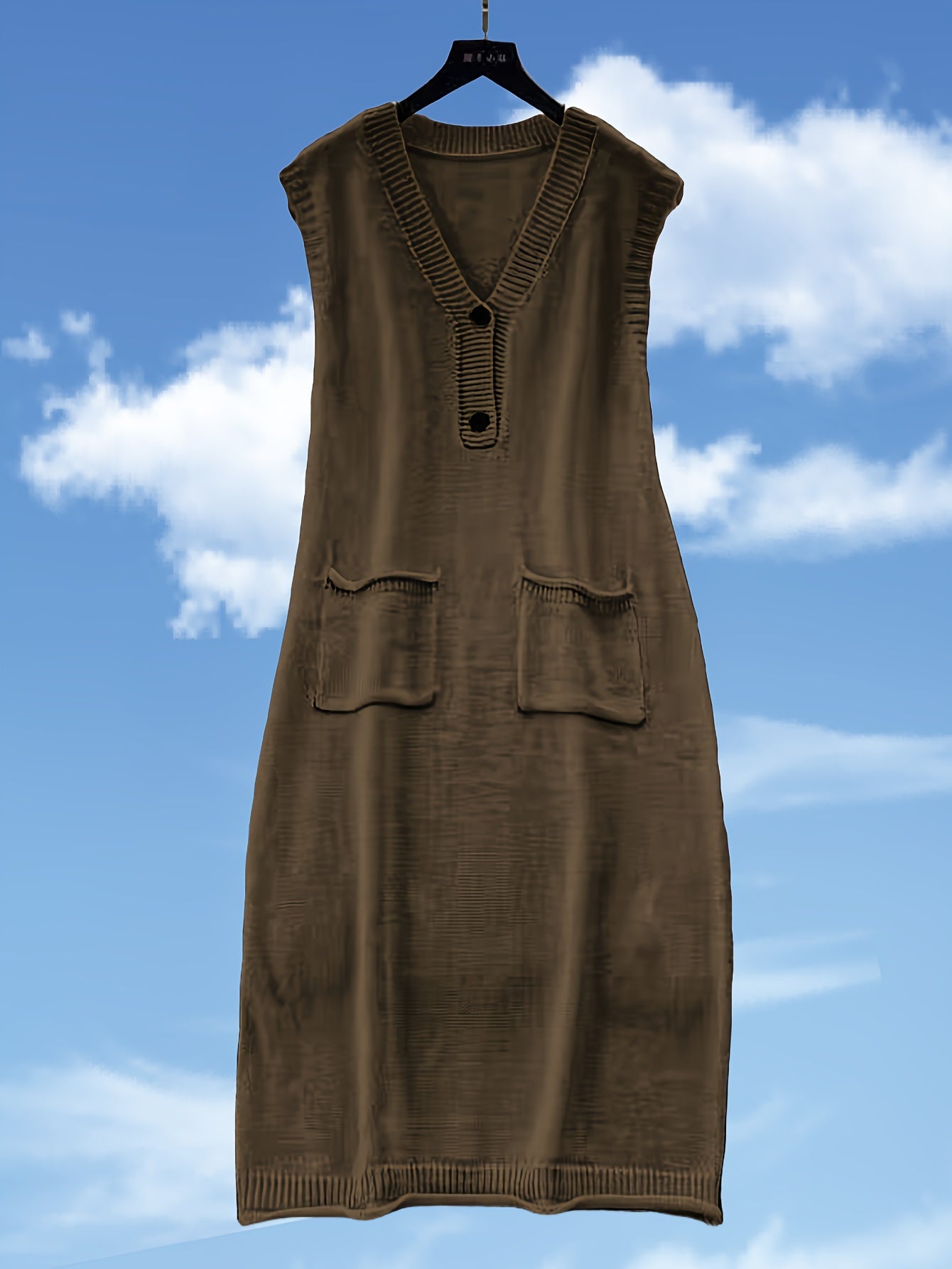 Rylthia | Mouwloze Gebreide Midi Jurk met Zakjes – Layering Tankjurk, Zachte Stretch Knit