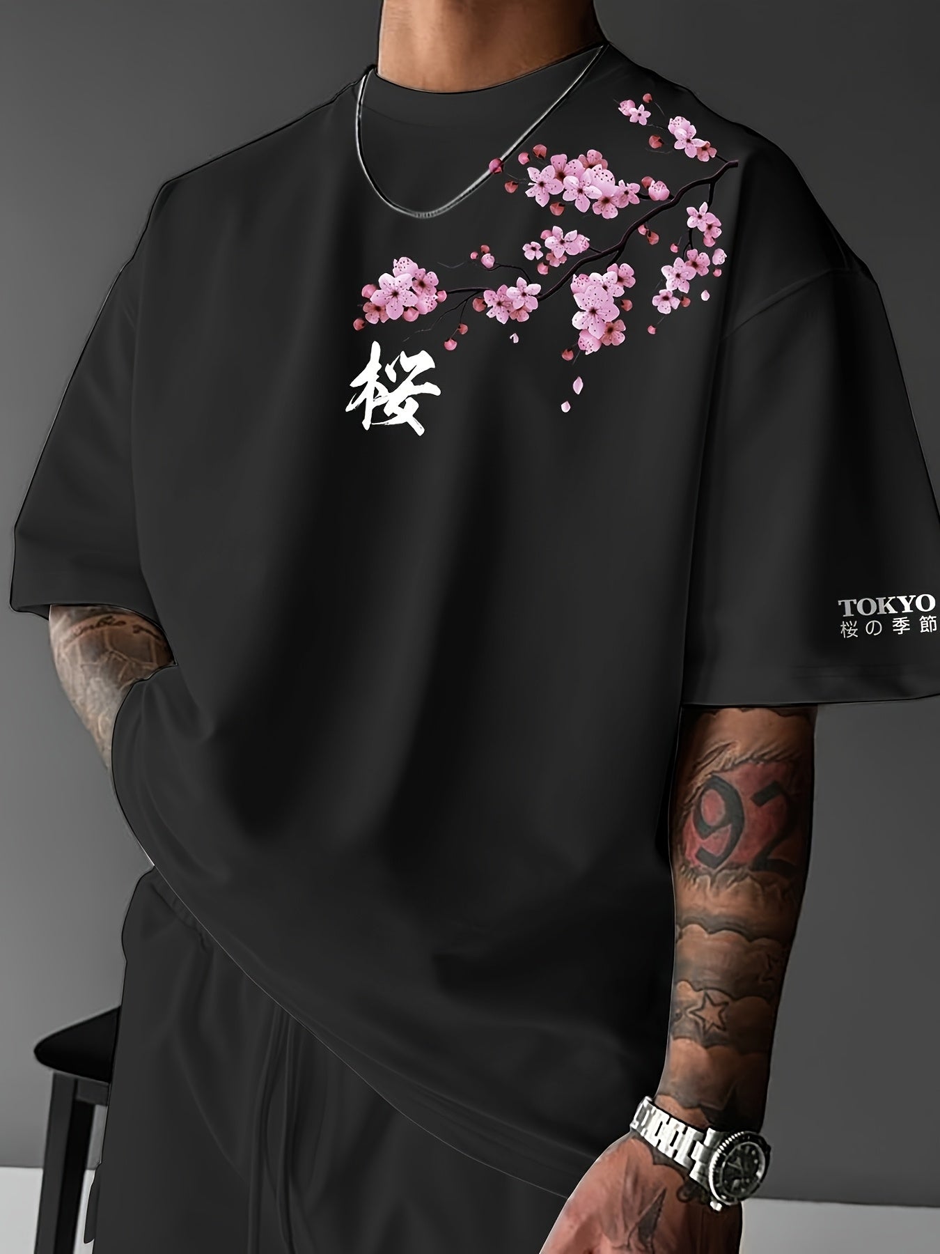 Lucian | Heren T-shirt met Japanse kersenbloesemprint – Streetwear casual T-shirt met korte mouwen