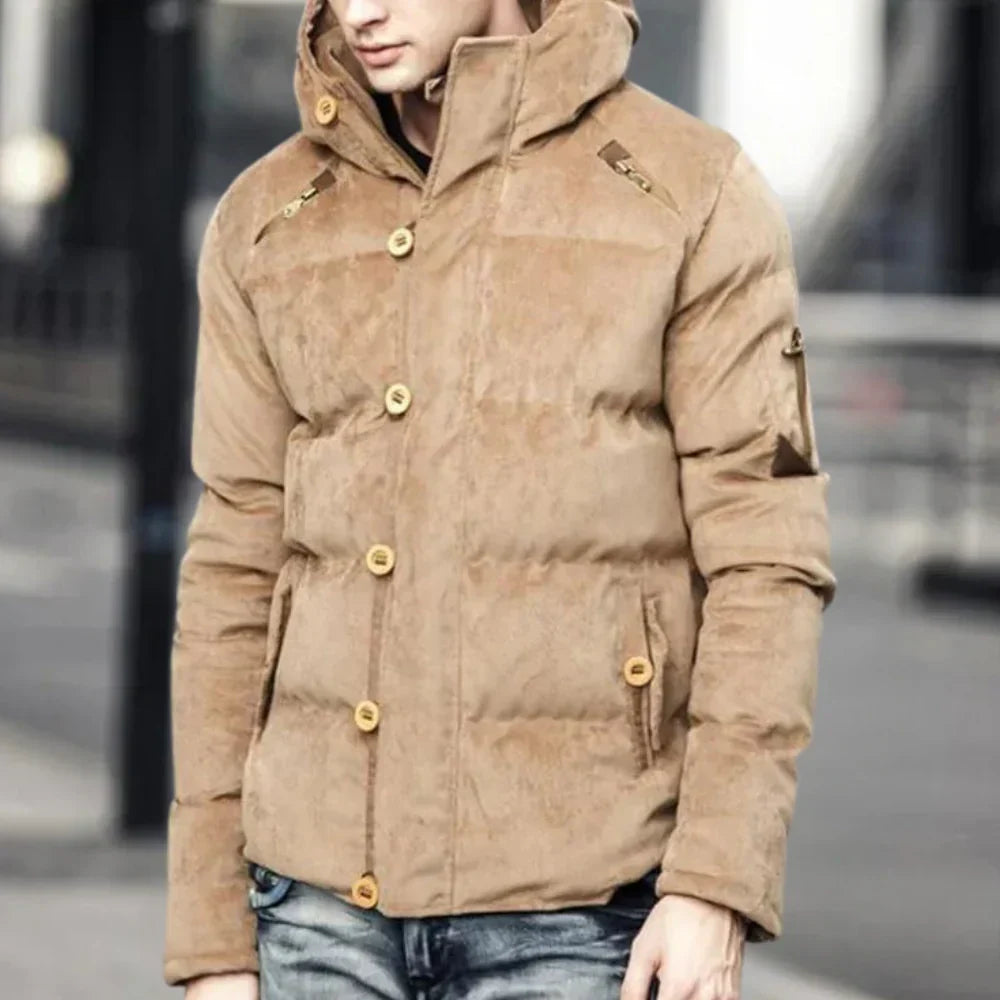 Hadron | Dick wattierte Herrenjacke mit Kapuze – warmer Parka in Wildlederoptik, isolierte Winterjacke
