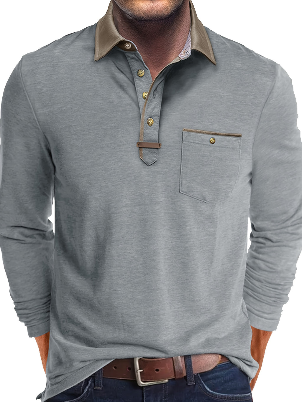 Paulo | Polo homme à manches longues – Henley décontracté avec col color-block et poche poitrine