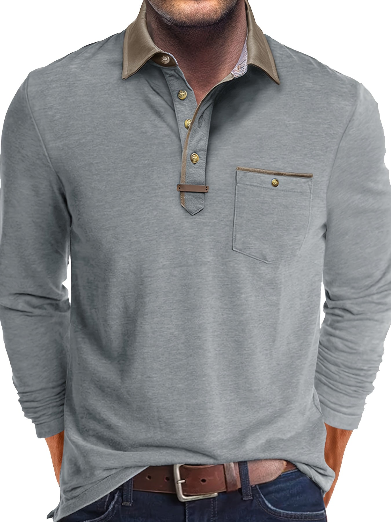 Paulo | Polo homme à manches longues – Henley décontracté avec col color-block et poche poitrine