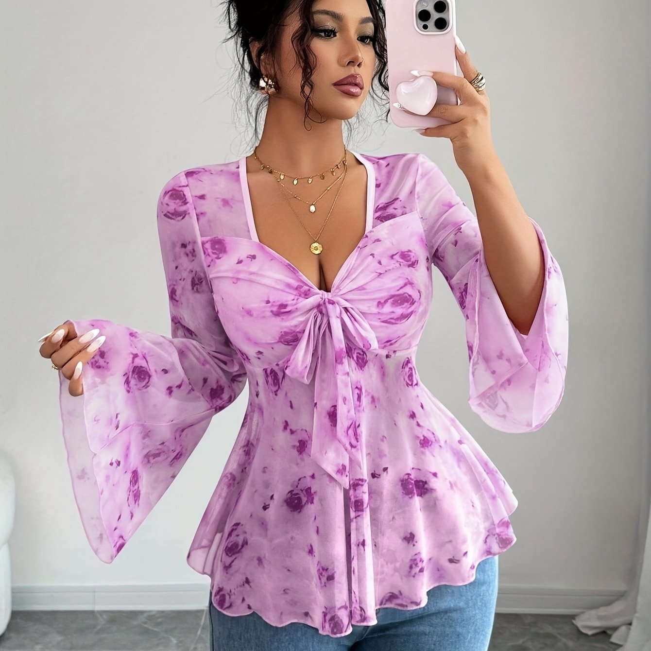 Elvarisen | Dames-top van doorschijnend mesh met bloemenprint – Elegant casual T-shirt
