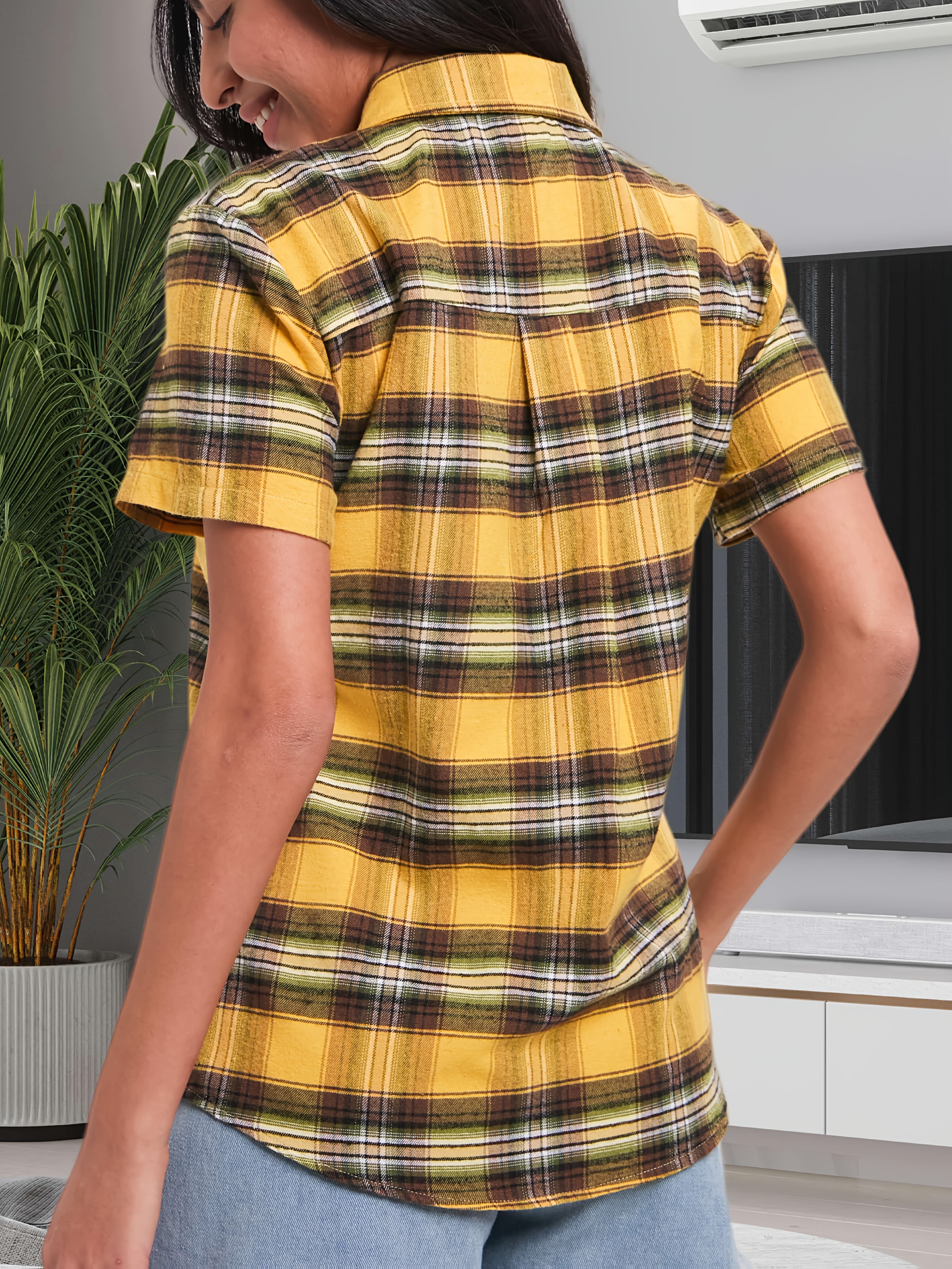 Juniper | Damesoverhemd met korte mouwen en ruitjespatroon – Casual blouse met knopen en twee zakken