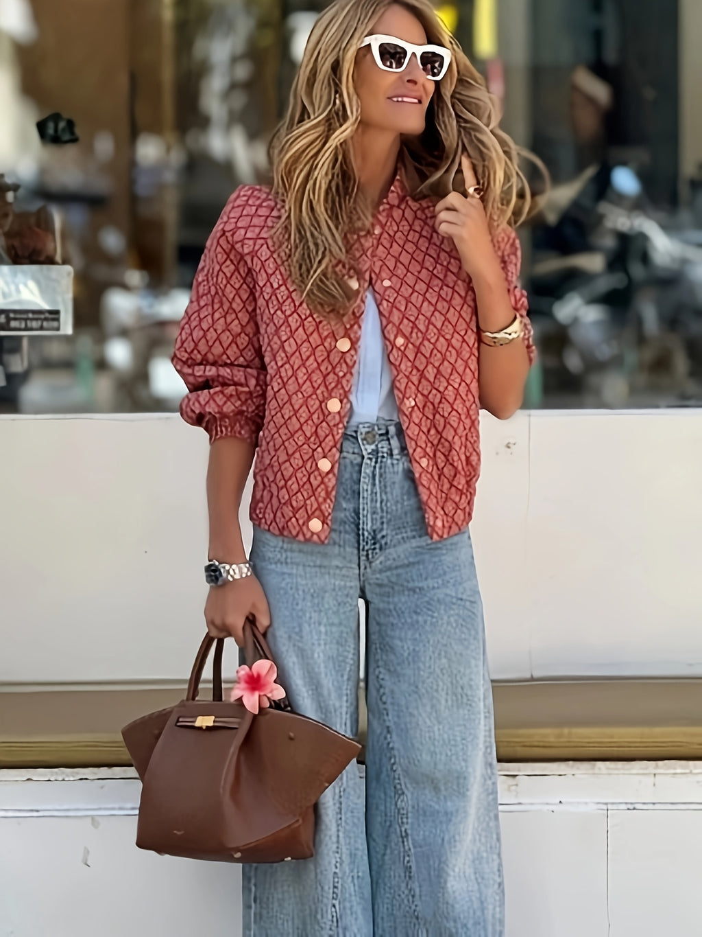 Delysia | Cardigan femme rétro chic à fleurs - rouge à boutons blancs, léger et décontracté