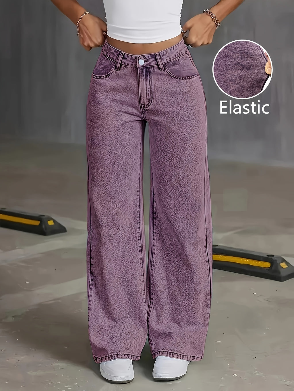 Viridia | Damen-Stretchjeans mit hohem Bund – Locker sitzend, Acid-Wash-Optik, gerades und weites Bein, Bauchkontrolle, Taschen
