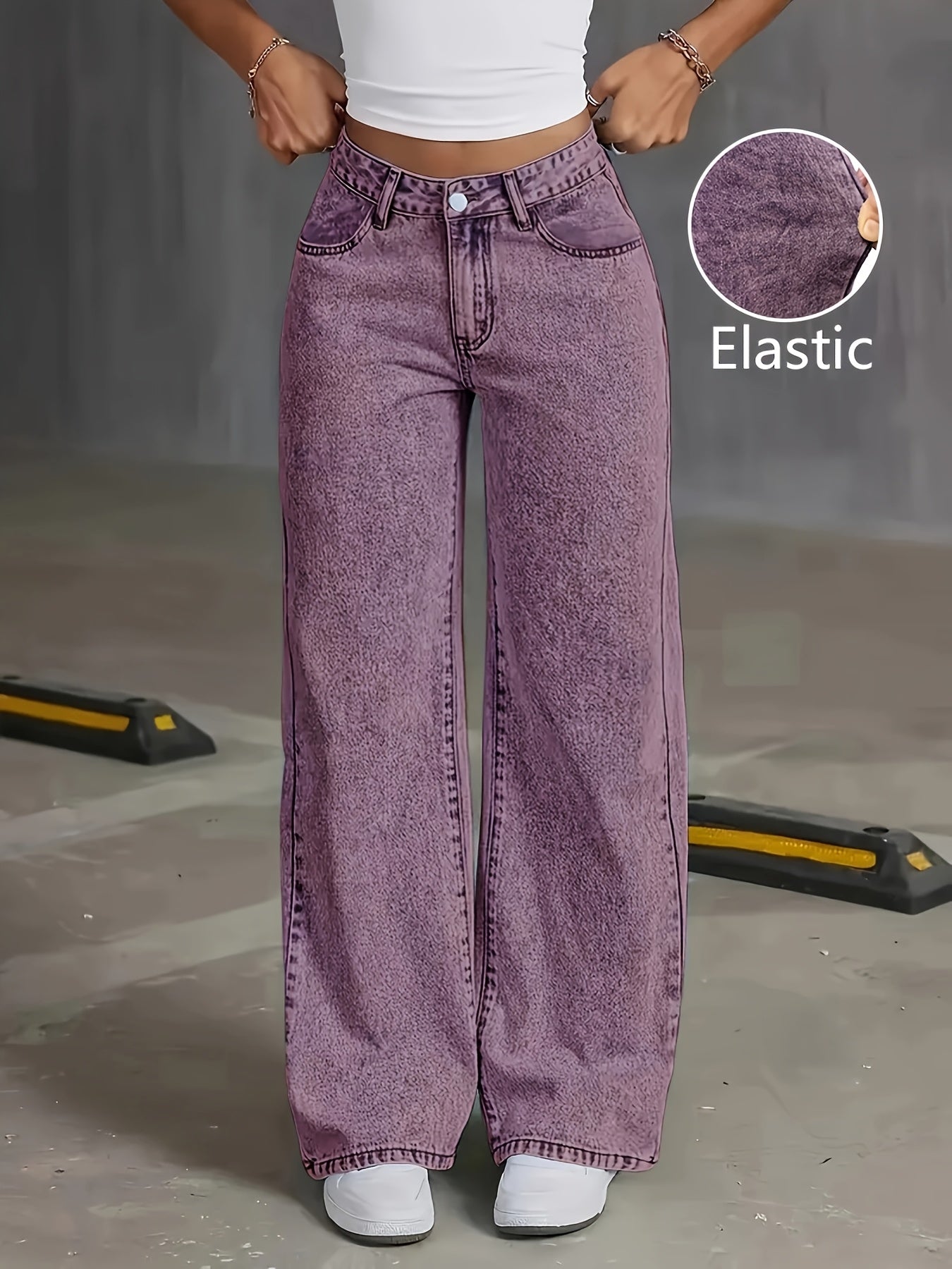 Viridia | Hoge taille stretch jeans voor dames – Losse acid wash rechte en wijde pijpen, buikcontrole, zakken