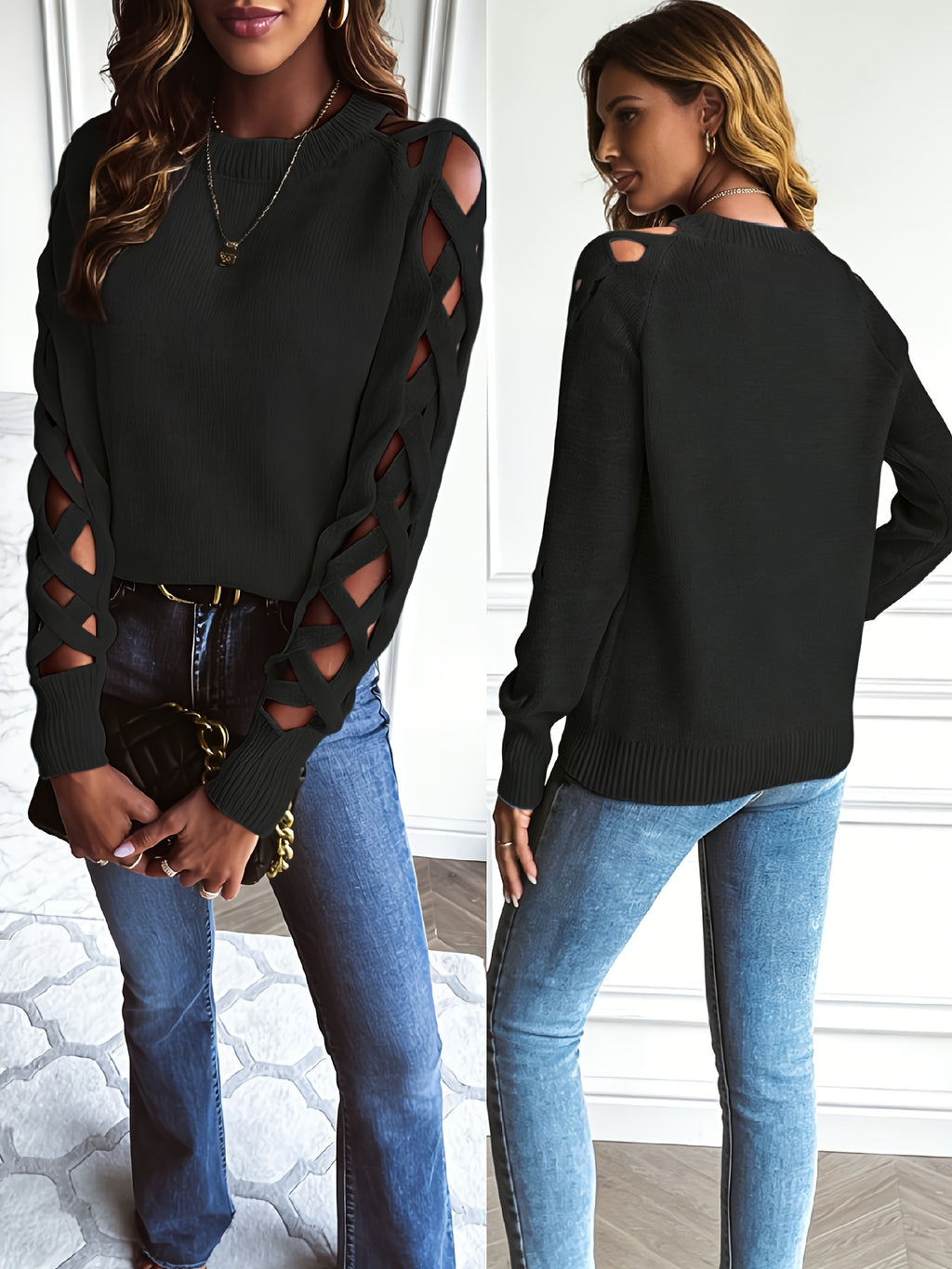 Ardelle | Dames Effen Pullover met Opengewerkte Mouwen – Lichtgewicht Gebreide Top