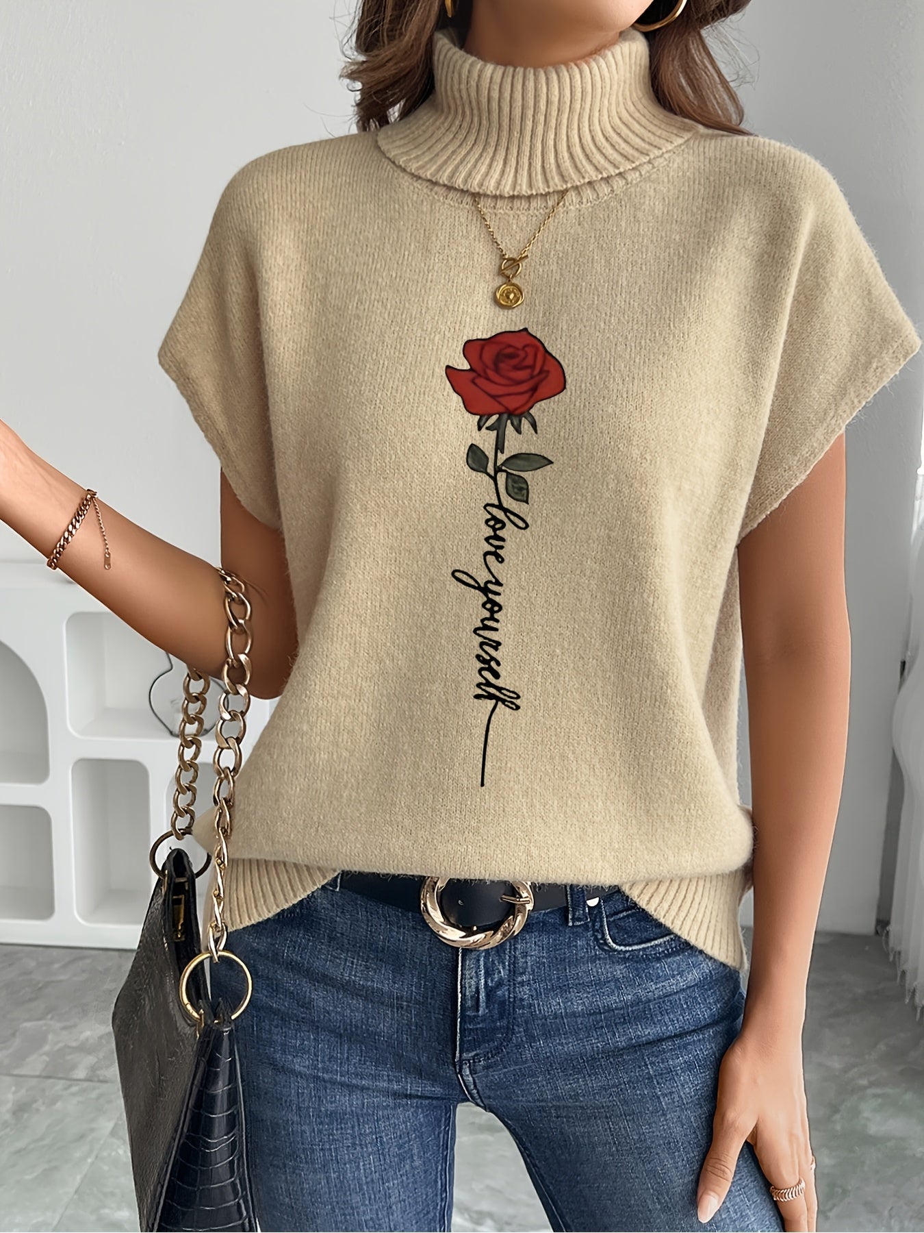 Ienira | Trendy Dames Mouwloos Gebreid Vest met Rozenprint – Losvallende Zomerse Casual Top