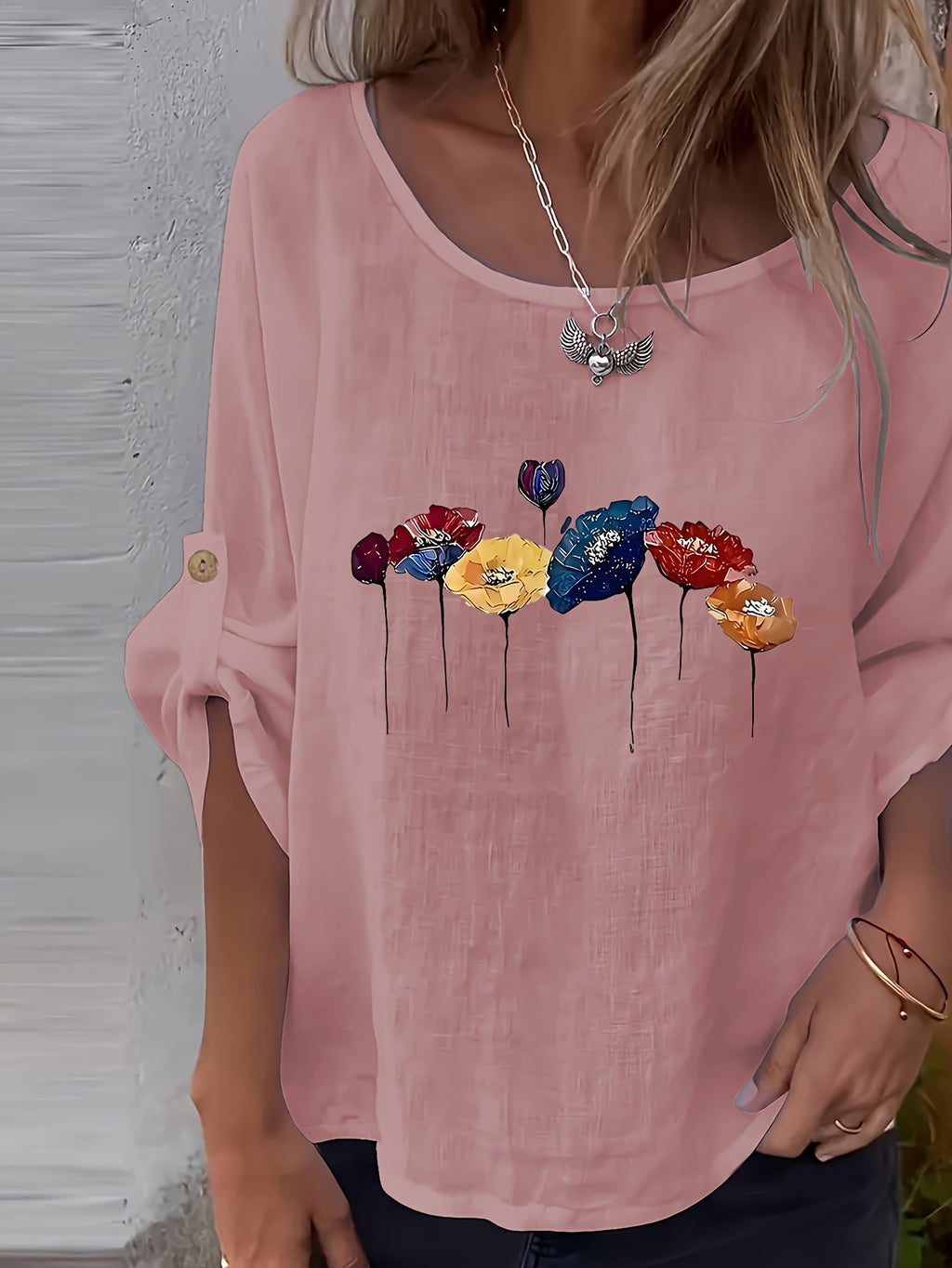 Lunelle | Elegant dames-T-shirt met bloemenprint en ronde hals – Casual, losse pasvorm, knoopjes, lente