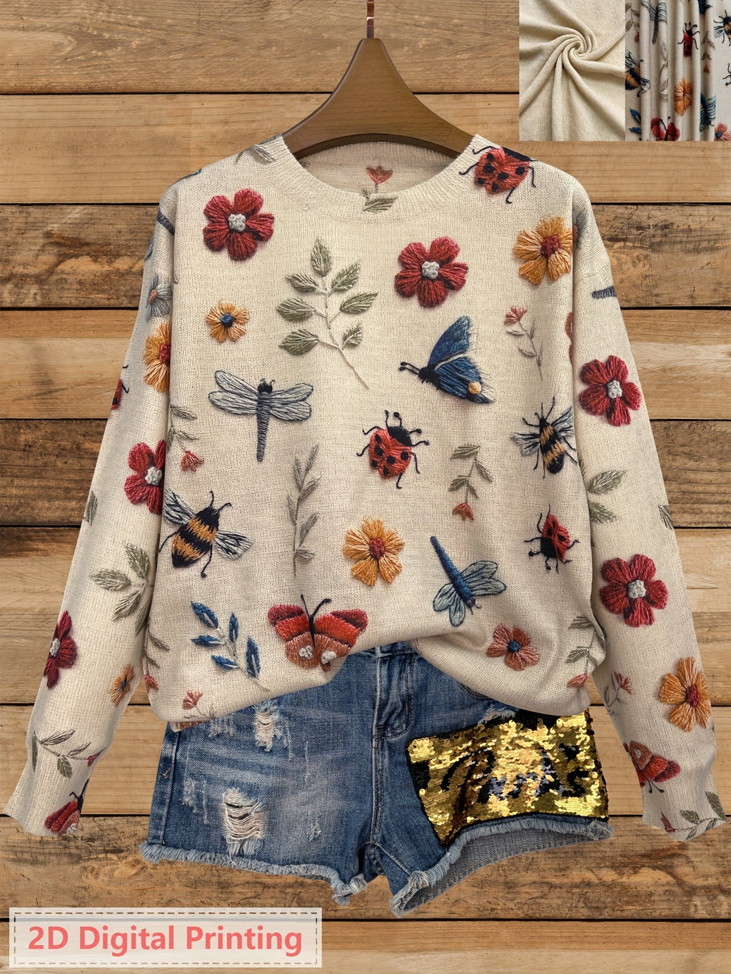 Jessamine | Dames Sweater met All-Over Insecten- en Bloemenprint