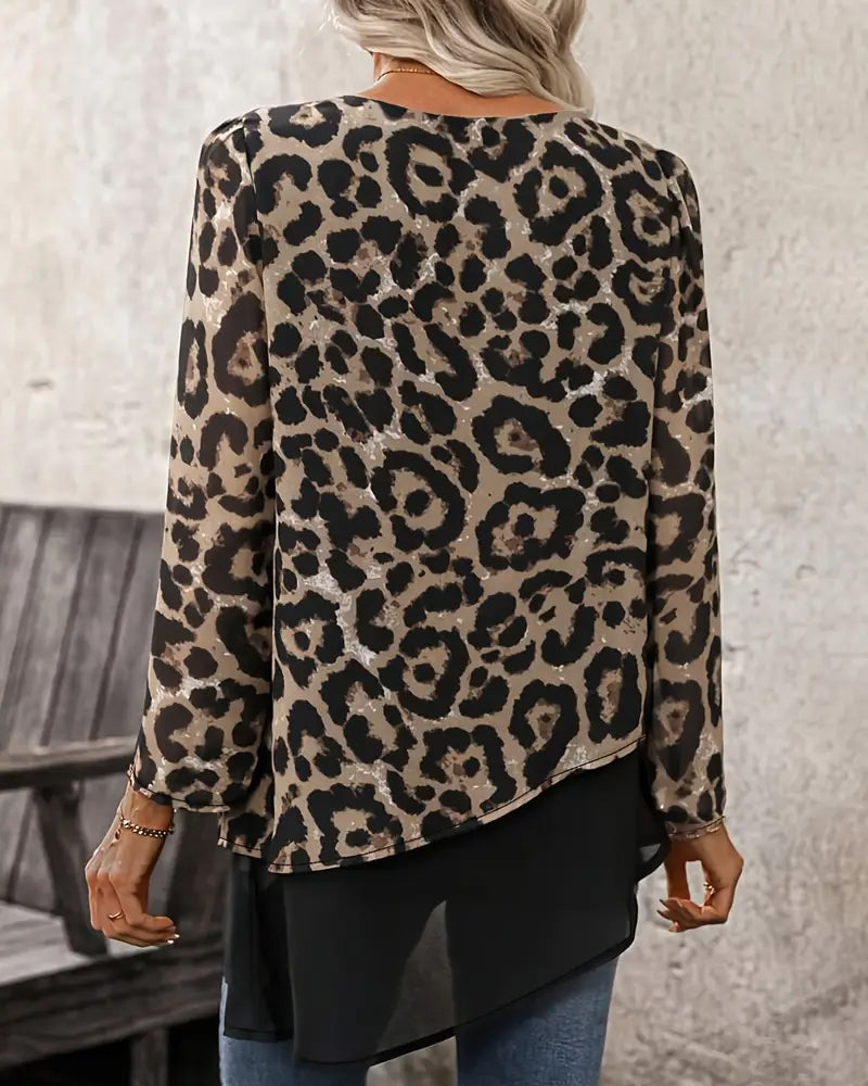 Silja | Luipaard patchwork blouse voor dames – Casual top met lange mouwen voor op kantoor