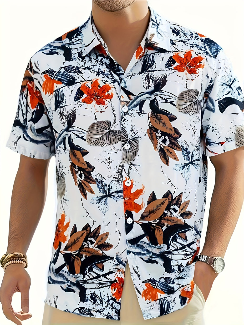 Geno | Heren bladprint overhemd – korte mouwen vakantie shirt