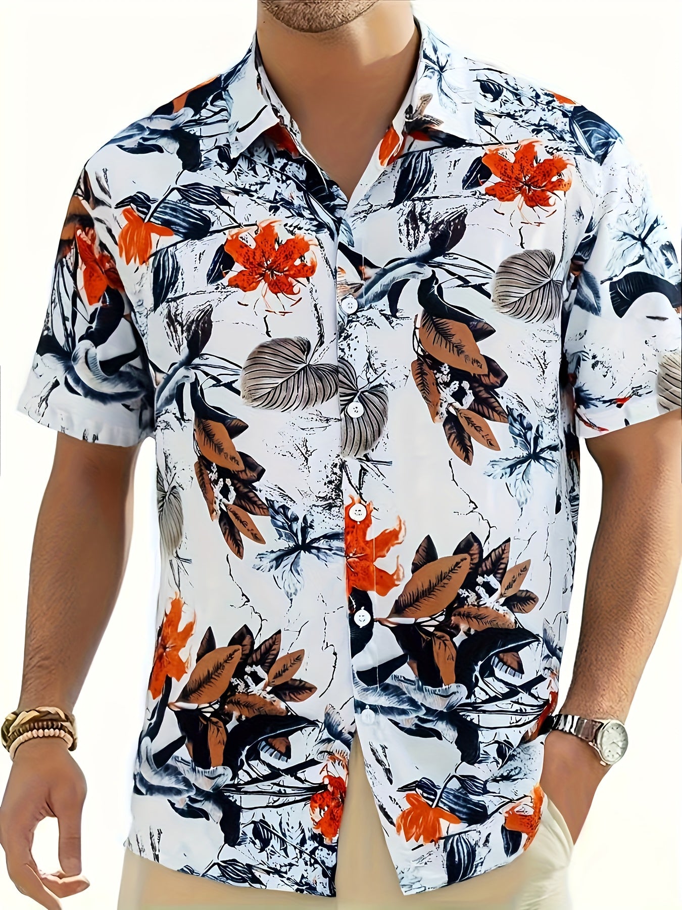 Geno | Heren bladprint overhemd – korte mouwen vakantie shirt