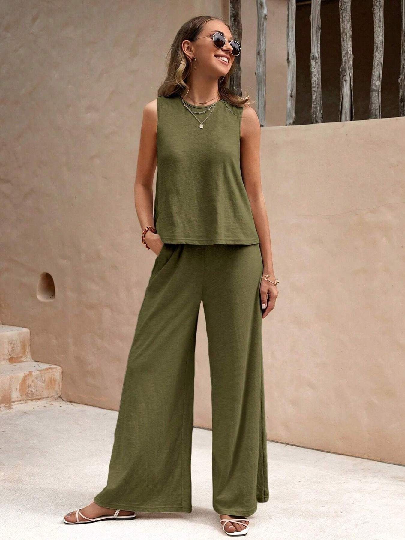 Zuna | Zomeroutfit voor dames – Set met casual tanktop en wijde broek