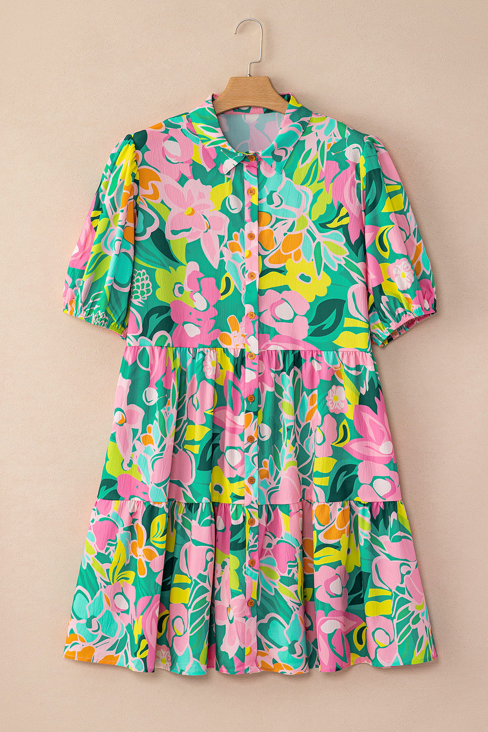Melantha | Groene bloemenprint babydoll jurk met pofmouwen en kraag – Lichtgewicht zomerjurk