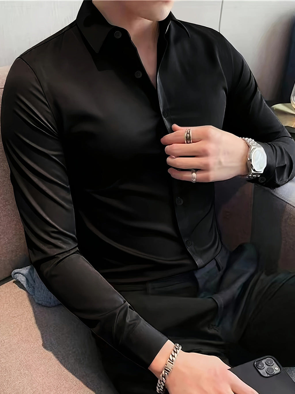 Sébastien | Chemise décontractée en satin à manches longues pour homme - Col élégant pour occasions formelles et décontractées