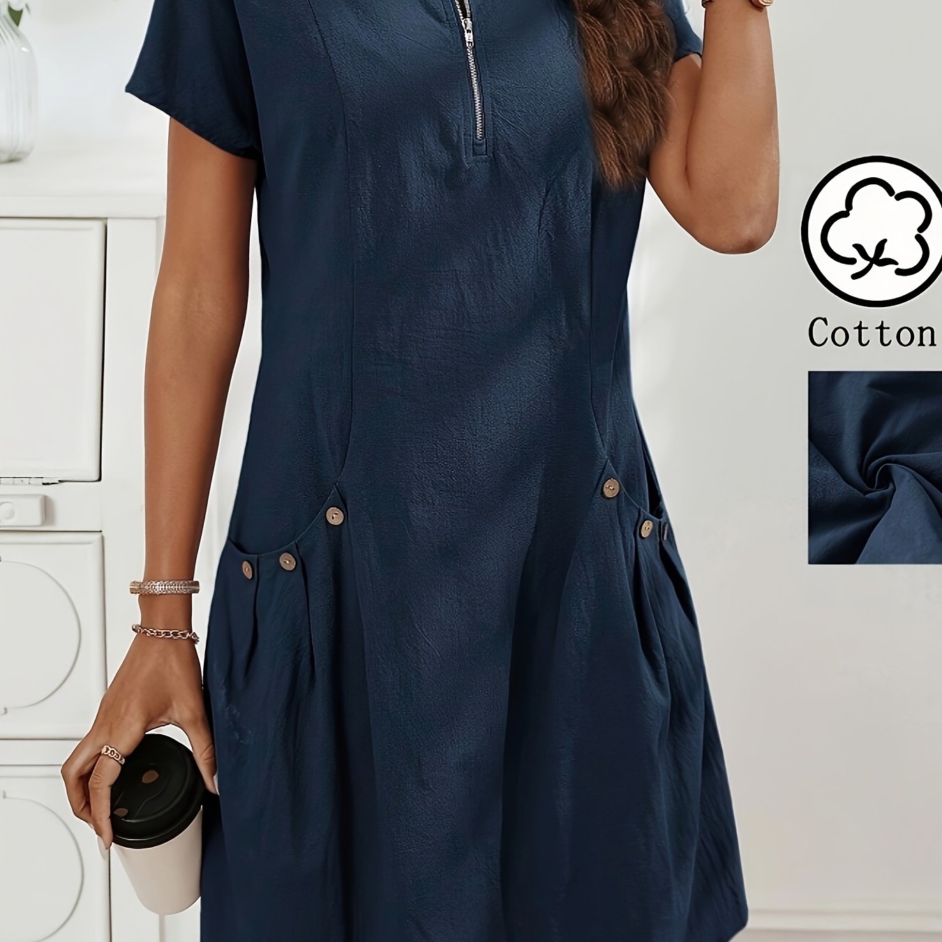 Zirelia | Zomerse casual overhemdjurk voor dames – halve rits, knoopdetails en dubbele zakken