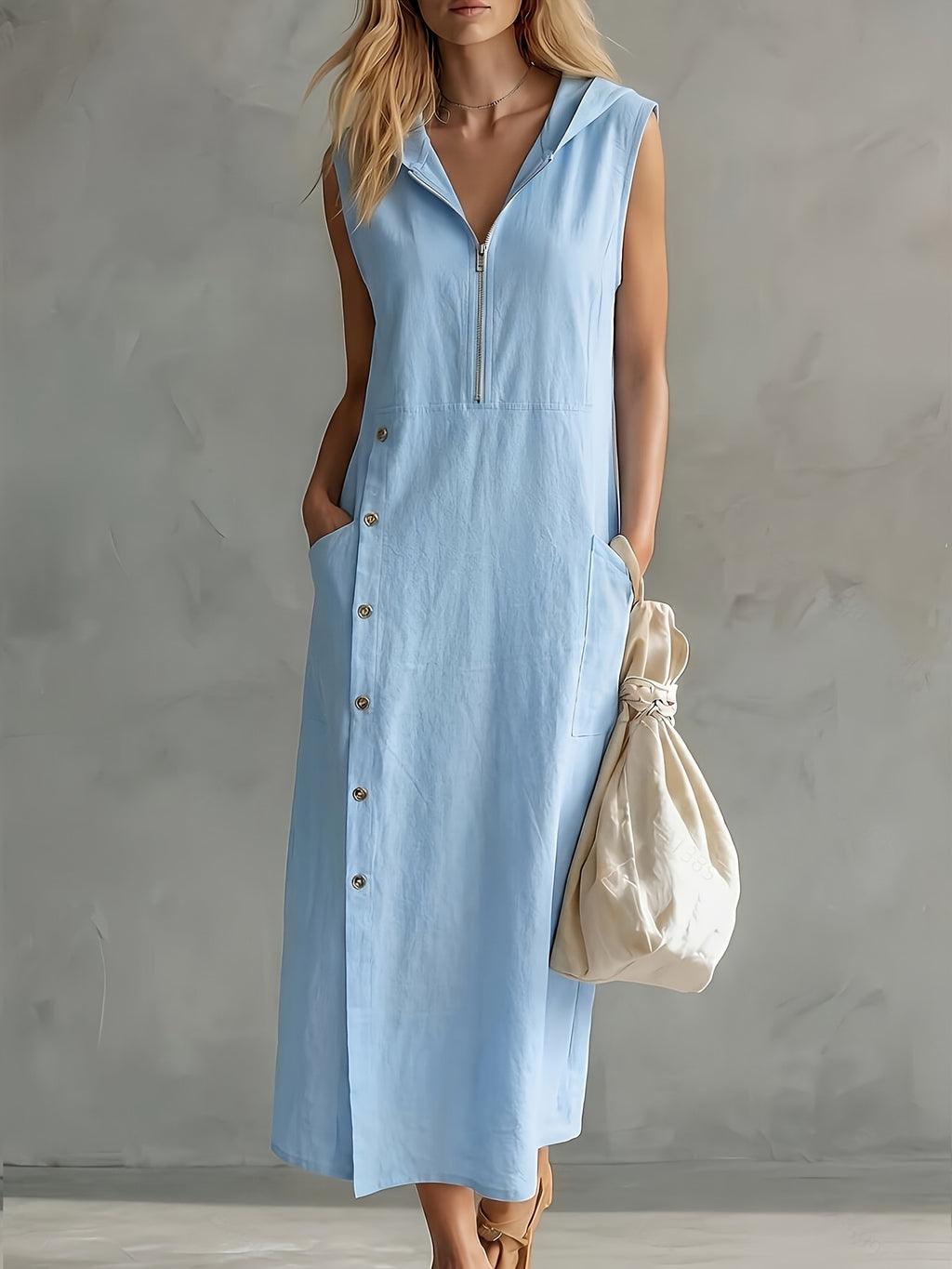 Oravyn | Zomerjurk met capuchon voor dames – Casual, ruimvallende midi-jurk met zakken