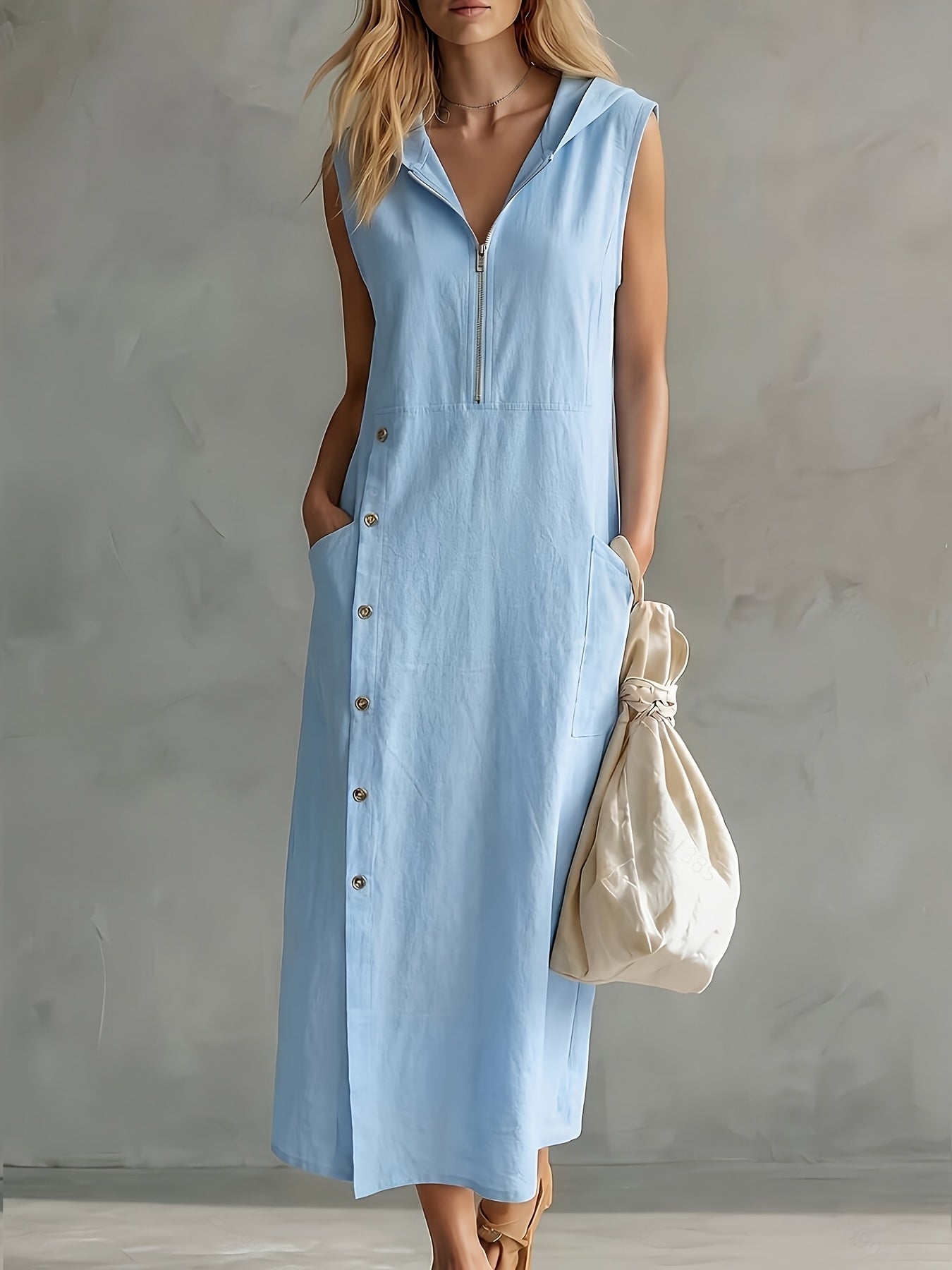 Oravyn | Zomerjurk met capuchon voor dames – Casual, ruimvallende midi-jurk met zakken