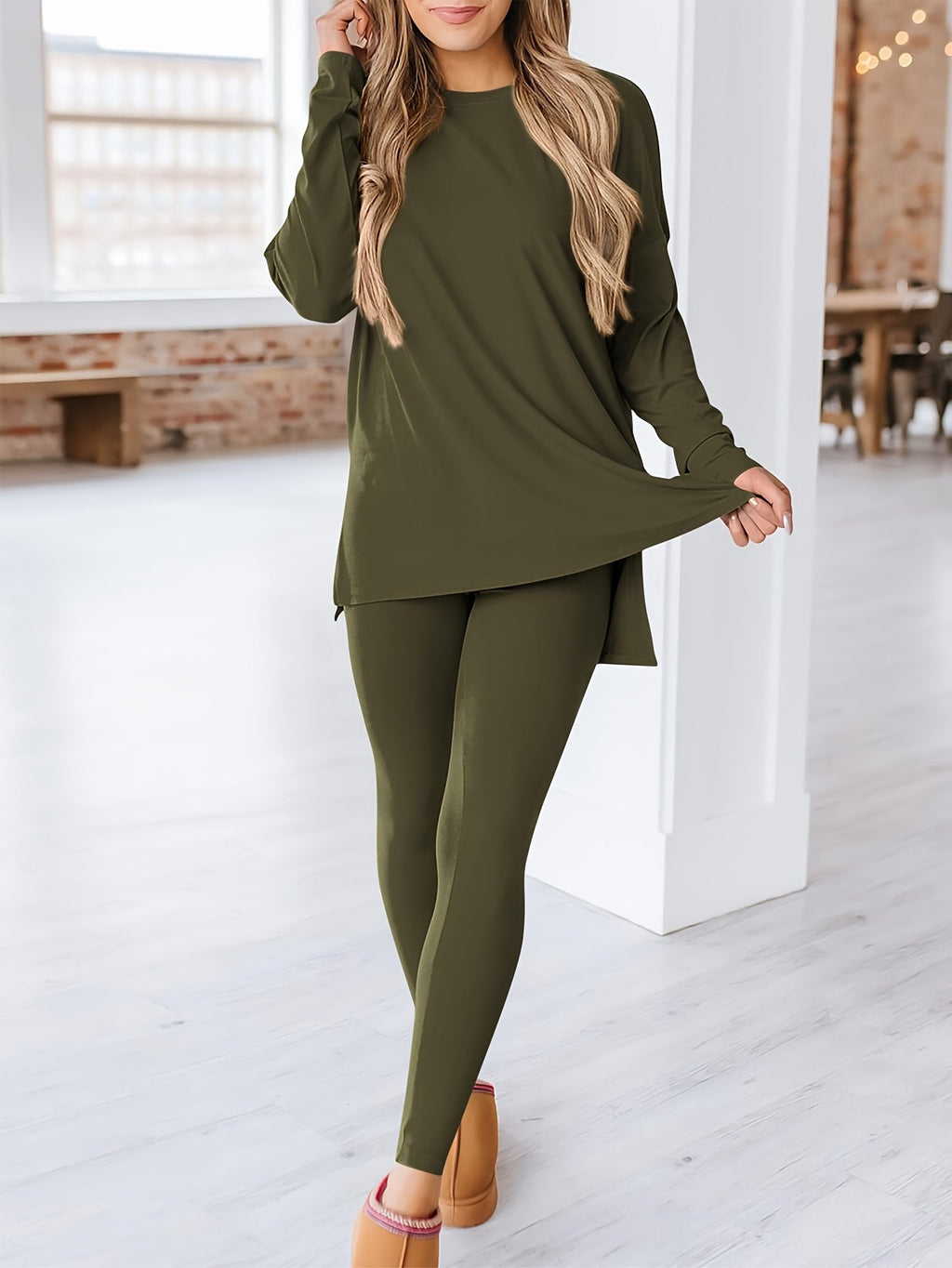 Elinor | 2-delige loungewearset voor dames – top met lange mouwen en legging, casual nachtkleding