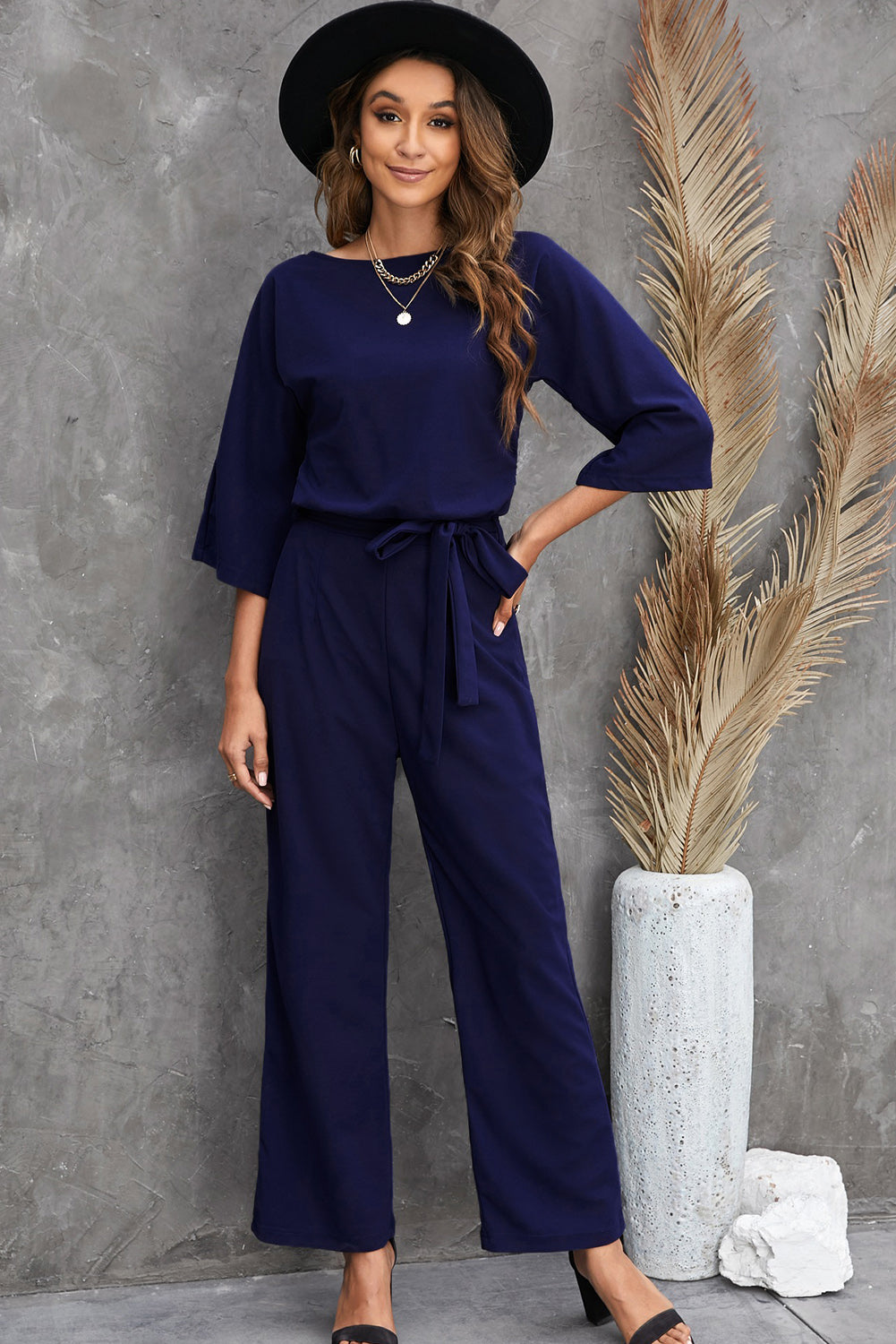 Halvoria | Dames Blauwe Elegante Jumpsuit – Met Polslange Mouwen, Tailleceintuur en Wijde Pijpen