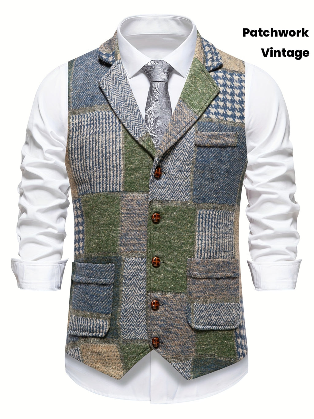 Barrett | Vintage patchwork herenvest – Klassiek vest met revers