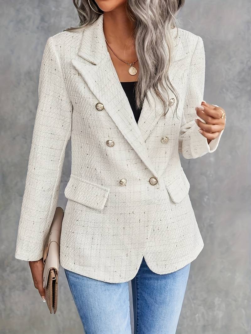 Virenelle | Blazer croisé beige texturé pour femme – boutons dorés, coupe cintrée, manteau élégant