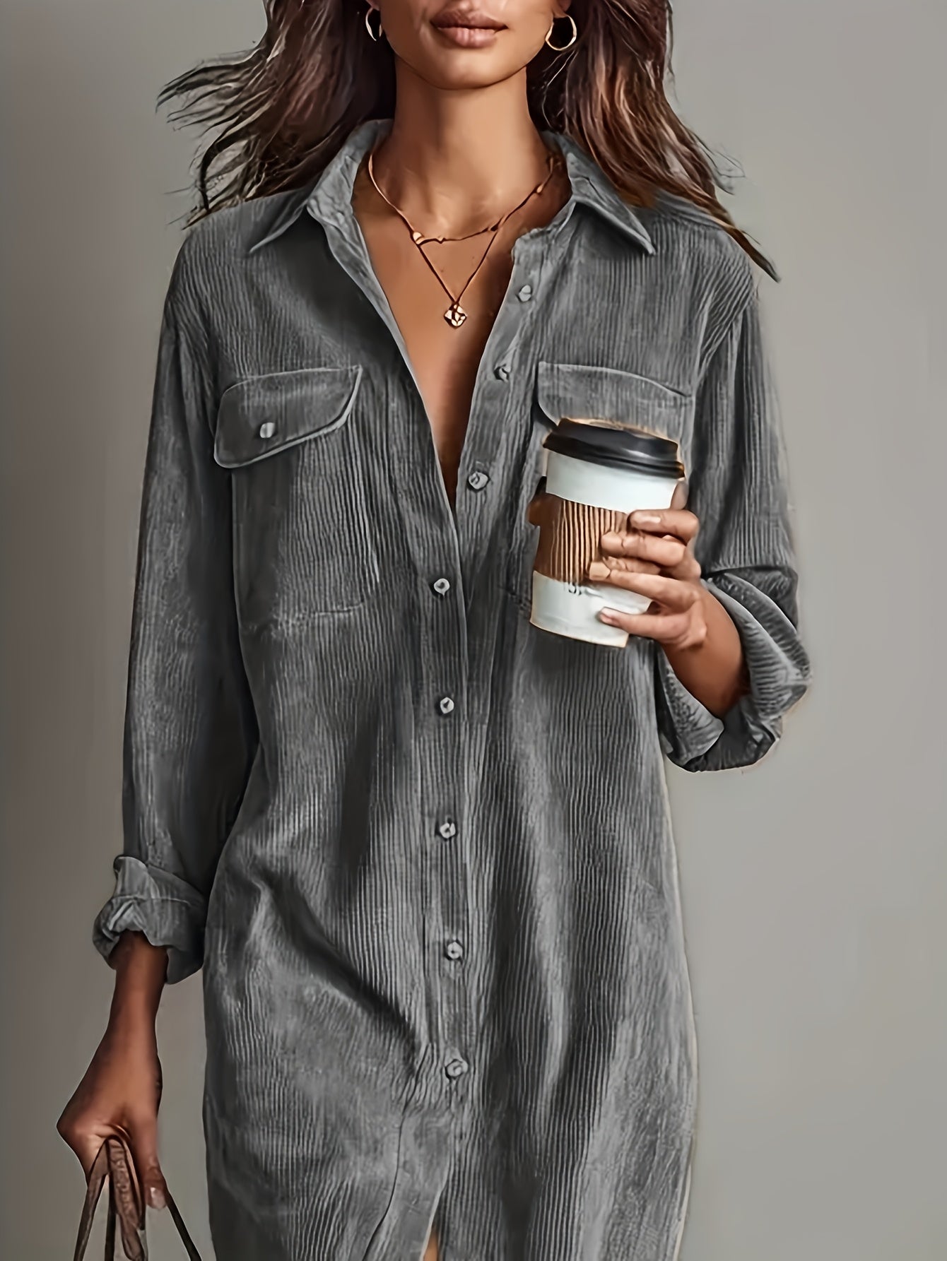 Vinaya | Elegante corduroy shirtjurk voor dames met zakken, casual werkkledingstijl