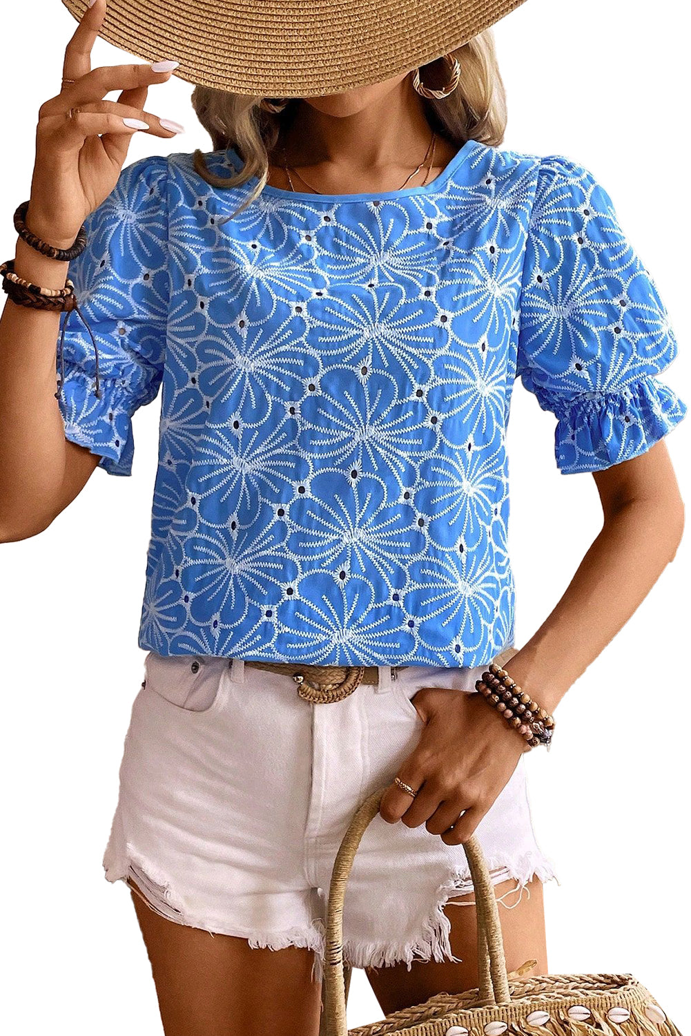Aeris | Damesblouse met pofmouwen en bloemenborduursels