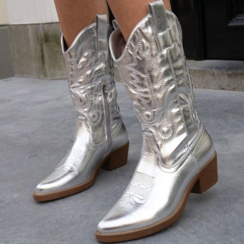 Stellara | Metallic-Cowboystiefel für Damen, dicke Sohle, spitze Zehenpartie, stylische Herbstschuhe